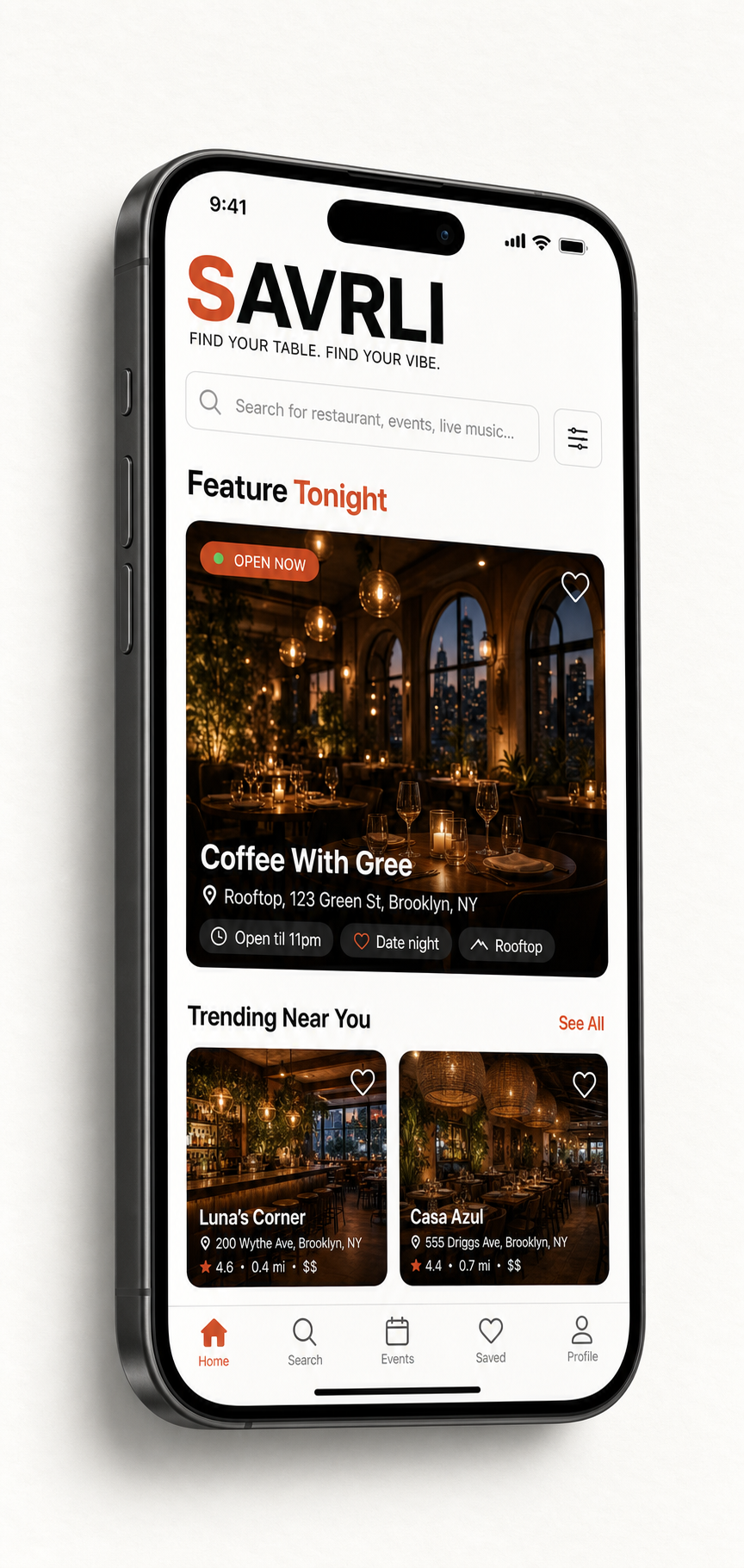 Savrli app home screen showing vibe-first restaurant recommendations.